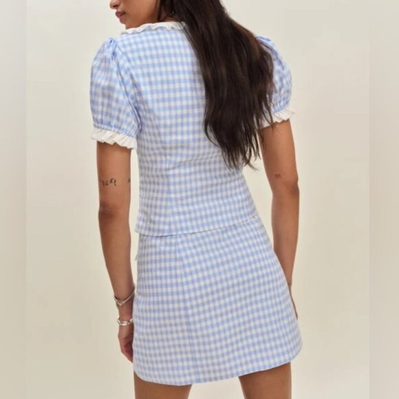 NEW Reformation Janell Two Piece Set Crystal Check Light Blue White | US 2 UK 6 - Picture 3 of 12